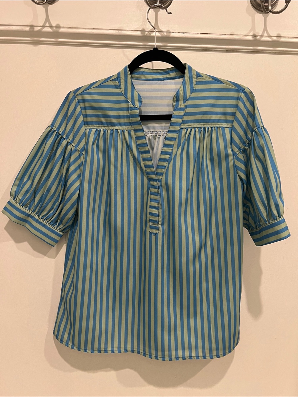 Striped Blue and Light Green Women's Split-Neck Top